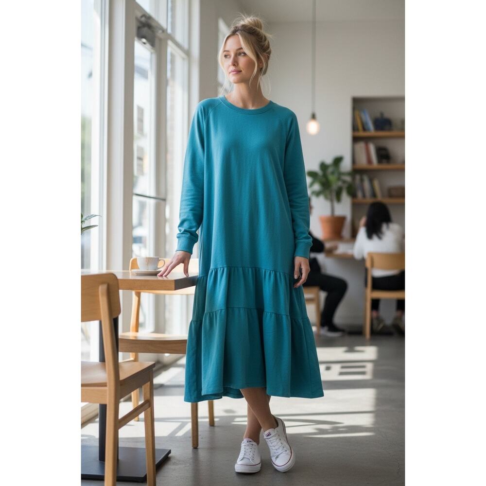 NAP Green Tiered Maxi Dress M Oversized Puff Sleeve Cotton Lounge Lagenlook NWT